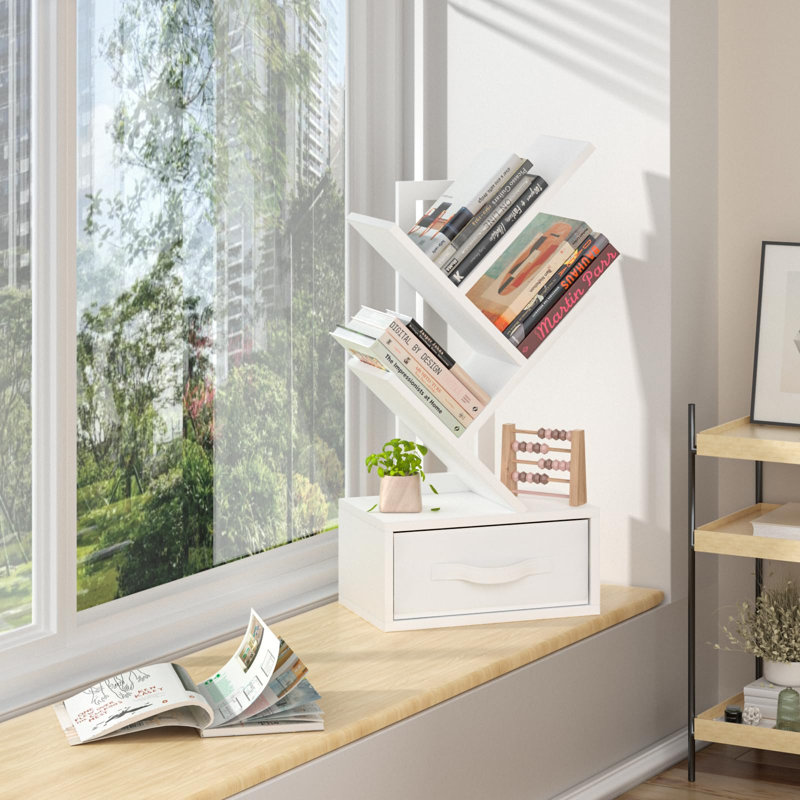 Bibliothèque Tree avec tiroir, bibliothèque en bois d'ingénierie à 4 niveaux, tablette de rangement peu encombrante pour la chambre à coucher, le salon et le bureau personnel
