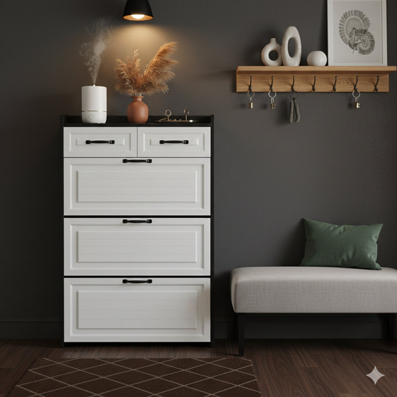 Armoire de rangement à chaussures à finition noire avec trois portes et deux tiroirs, portes en PVC à motif, offrant une grande capacité de rangement