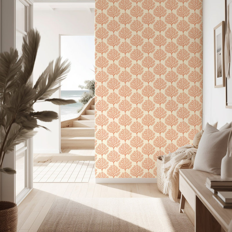 Beach Coral - Wallpaper, Green, Faux Grasscloth