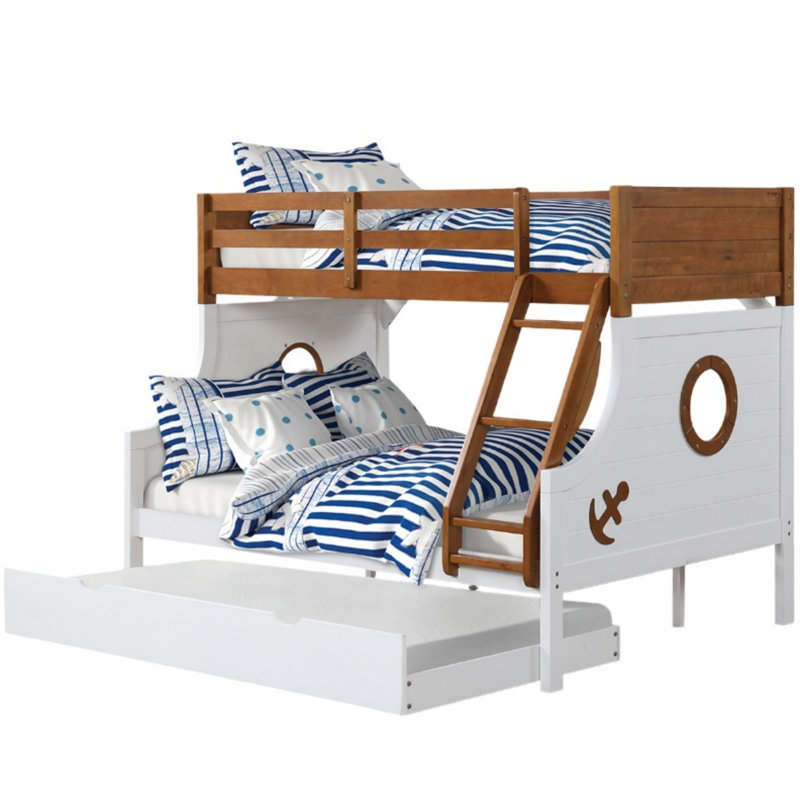 Lit superposé simple au-dessus d'un lit double de style moderne moderne avec rails en échelle attachés et structure de joint verrouillable pour lit supérieur au fini chêne sécuritaire Lit inférieur au fini blanc