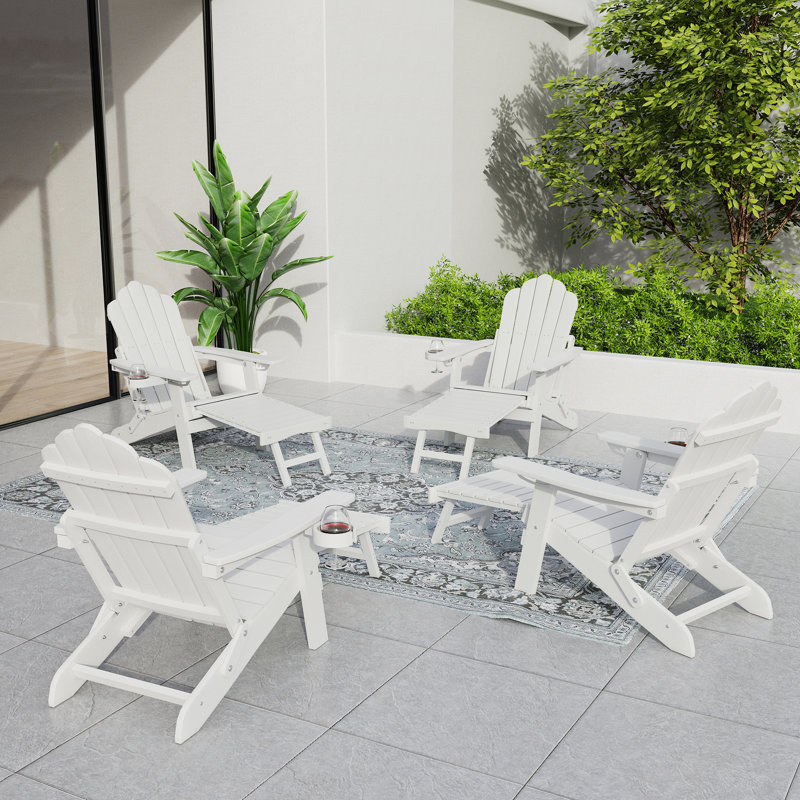 Ensemble de 4 chaises Adirondack pliantes avec porte-gobelet et repose-pieds rétractable HiPS pour patio, Blanc