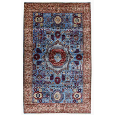 Tapis bleu et beige noué à la main de haute qualité