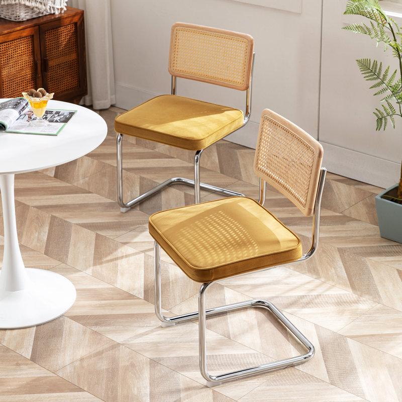 Yellow Velvet Upholstered Side Chair with Chrome Legs and Cane Back