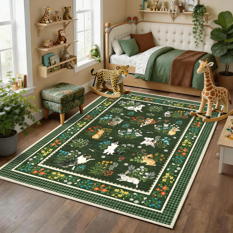 Tapis lavable à la machine Cute, Vert, Rectangle 5 pi x 7 pi