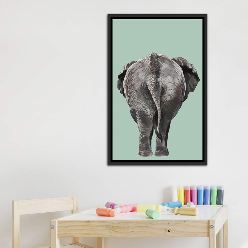 Art de bout éléphant, Toile avec cadre noir patiné, H 40 po x l 26 po x P 1,5 po