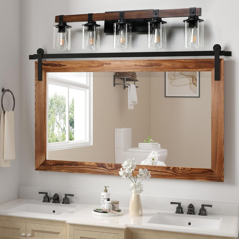 5-Light Rustic Industrial Bathroom Vanity Light Wall Mounted with Clear Glass Shades and Wood Accents, 5