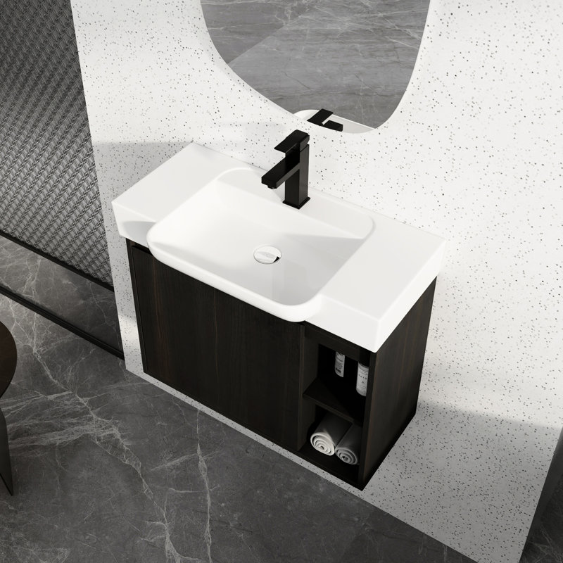 Meuble-lavabo mural blanc en céramique 28 po avec aspect chêne foncé, mécanisme de fermeture en douceur, 45 poignées cachées, armoire à une porte, deux tablettes ouvertes, finition à l'eau, fonction, design,