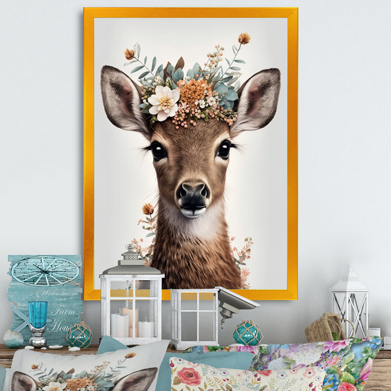«Cute Baby Deer with Floral Crown II», reproduction de photo sur toile, H 32 po x l 24 po x P 1 po
