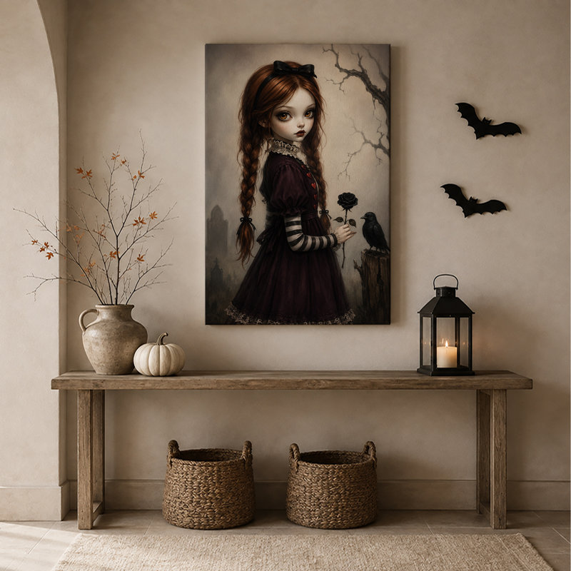 «Gothic Girl with Braids» tenant une rose noire et une toile d'Halloween, H 48 po x l 32 po