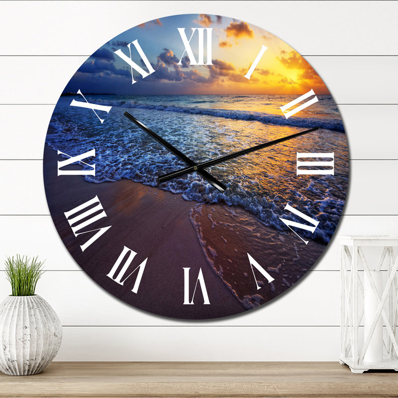 Coucher de soleil sur une plage de l'océan I - horloge murale nautique et côtière, Surdimensionné