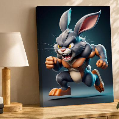 "Toile", un personnage de lapin dynamique avec une texture de fourrure grise moelleuse et de grands yeux jaunes expressifs est représenté dans une toile