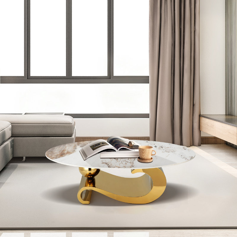 Table basse moderne avec piédestal en acier inoxydable doré, table de salon ovale avec plateau en marbre - 51,2 po x 27,5 po x 16,6 po