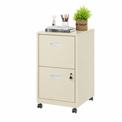 2 Drawer Rolling File Cabinet on Wheels, Cream Mobile Two Drawer Filing Cabinet with Lock, Small Files Cabinets for Under Desk, Metal Filing Cabinets for Letter Size Folders