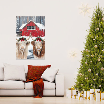 Grande vache grise rouge d'hiver Highland, peinture Abiel - affiche de campagne imprimée pour décoration murale de Noël