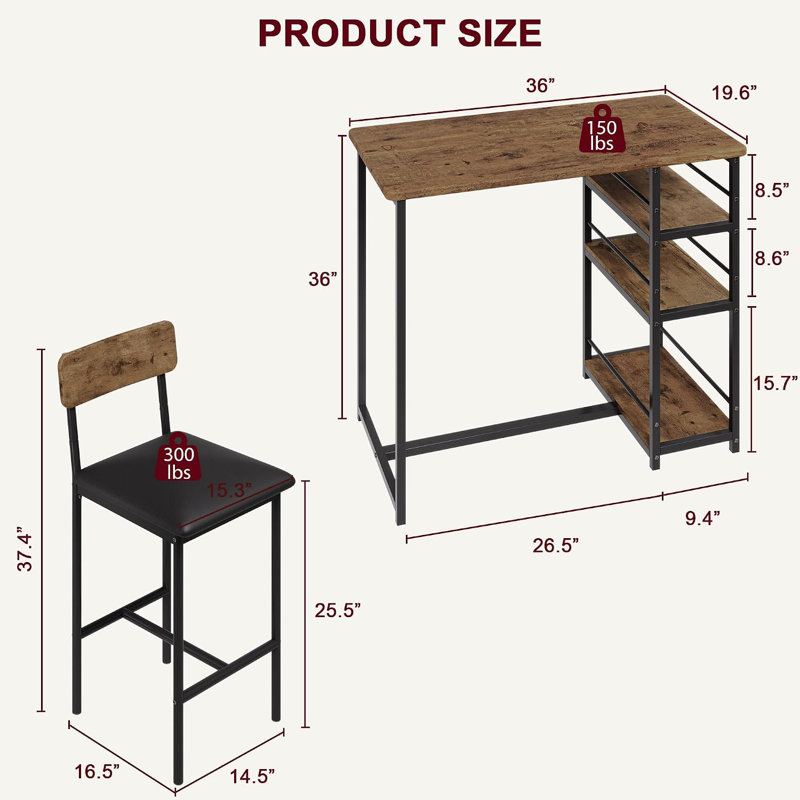 Ensemble de table et de chaises gain de place 3 pièces, brun vintage, 2 chaises avec coussins en PU, 3 étagères de rangement