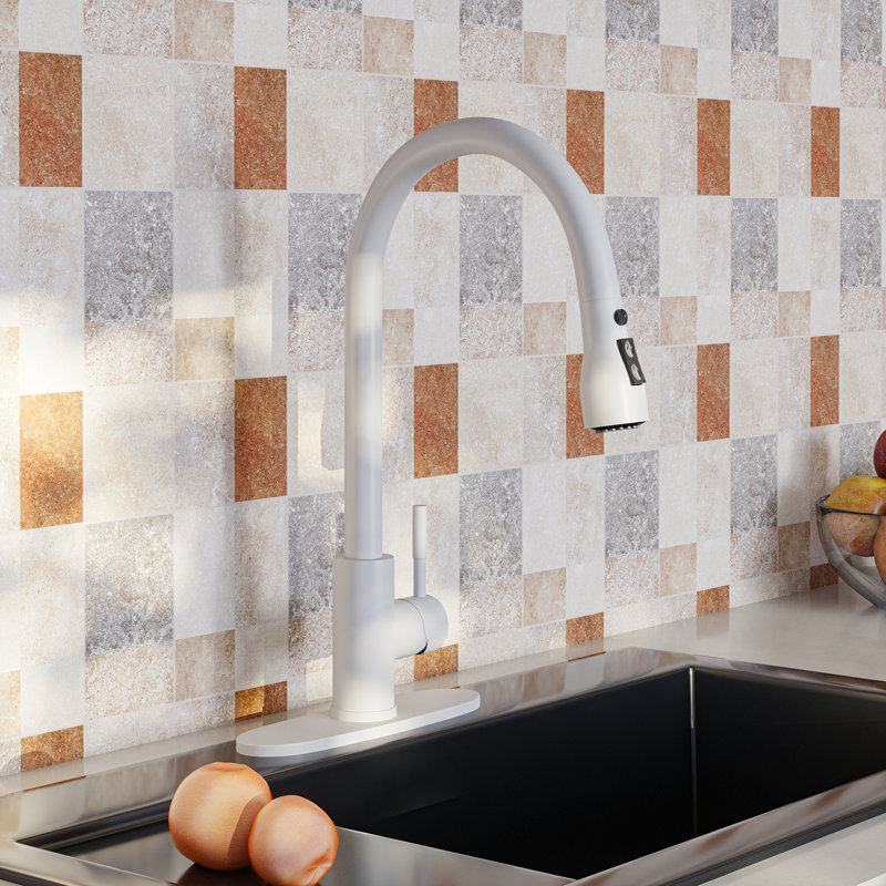 Robinet de cuisine rétractable à poignée simple avec distributeur de savon, Blanc
