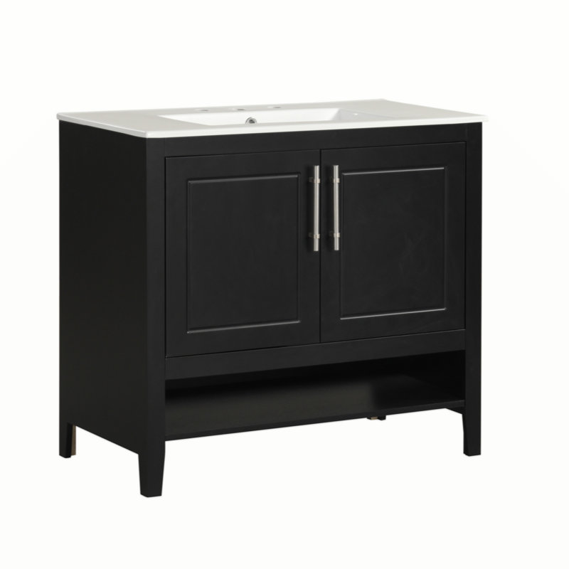 Meuble-lavabo 30 po avec lavabo, armoire de salle de bain multifonctionnelle avec portes et tiroirs, structure solide et panneau de fibres à densité moyenne, gris