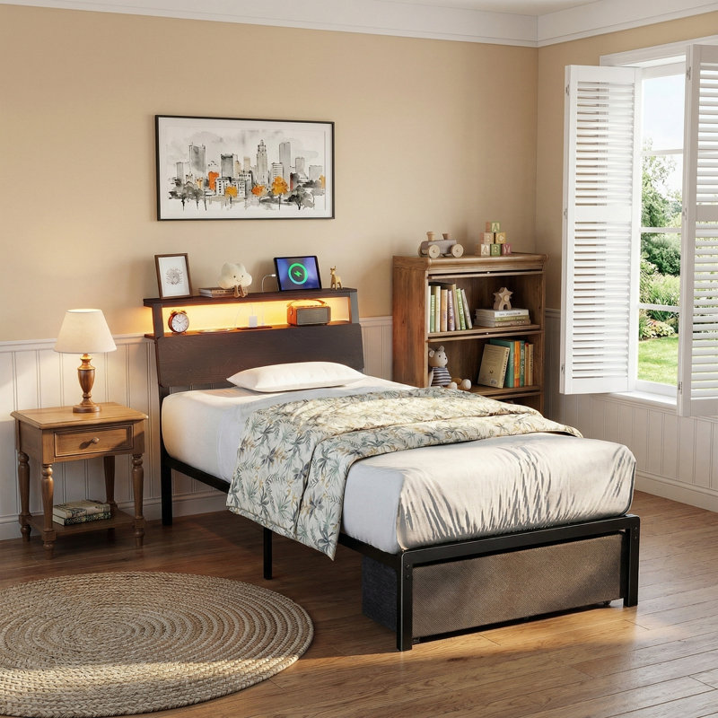 Base de lit de taille simple avec 2 tiroirs de rangement et tête de lit, lit plateforme avec lumières à DEL et station de charge