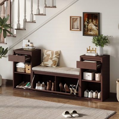 All-in-One Entryway Storage Bench with Cushion, Compartments, Drawers & Open Shelves, Storage Bench for Hallway, Mudroom, Living Room