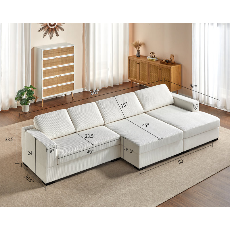 145in Oversized Double Chaise Sofa Comfy Sofa Couch, Right Hand Facing, White Corduroy
