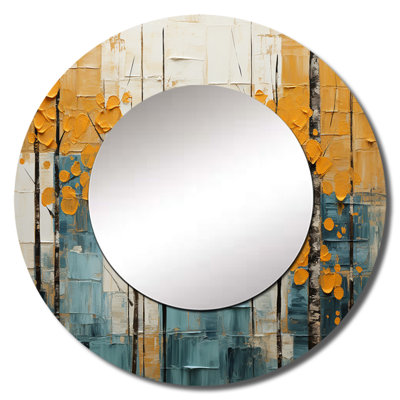 Bold Yellow And Grey Forest III - Forest Mirror, Traditional Round Unique Wall Mirror, Printed Metal Art