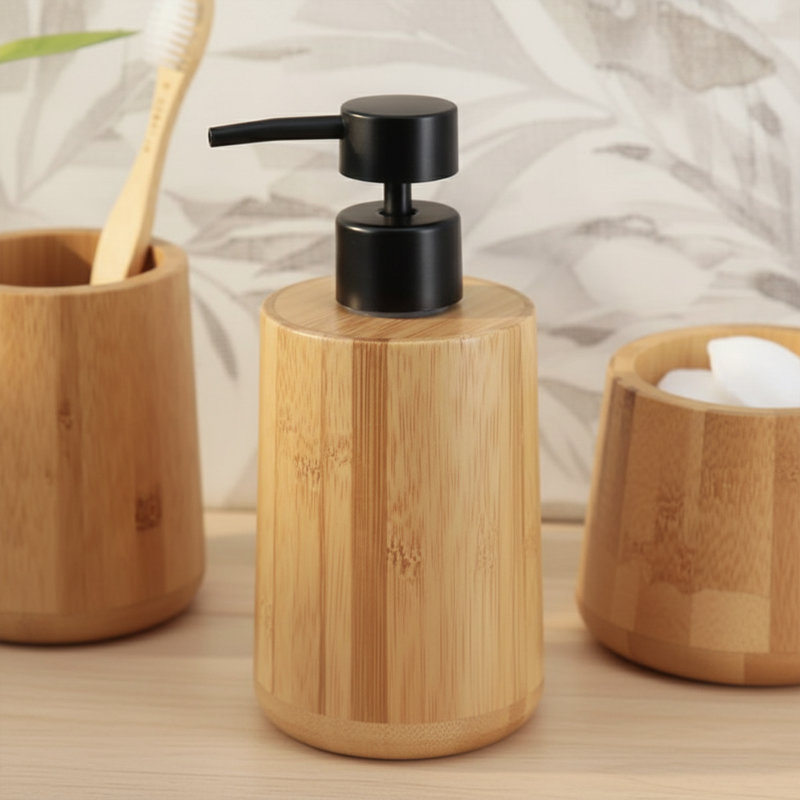 Natural Bamboo Liquid Soap Dispenser with Matte Black Pump