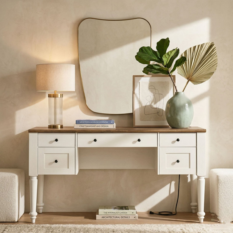 56" Spacious Vanity Desk With 5 Drawers, Wooden Big Makeup Vanity Table with Charging Station, Rear Cabinet, Open Shelf, White, No Mirror
