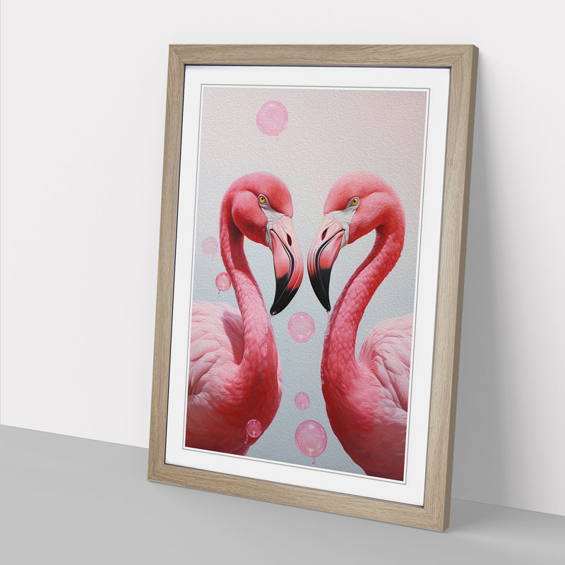 Flamingo Bubble Gum - Single Picture Frame Print on Wood, Oak, 34cm H x 25cm W x 2cm D