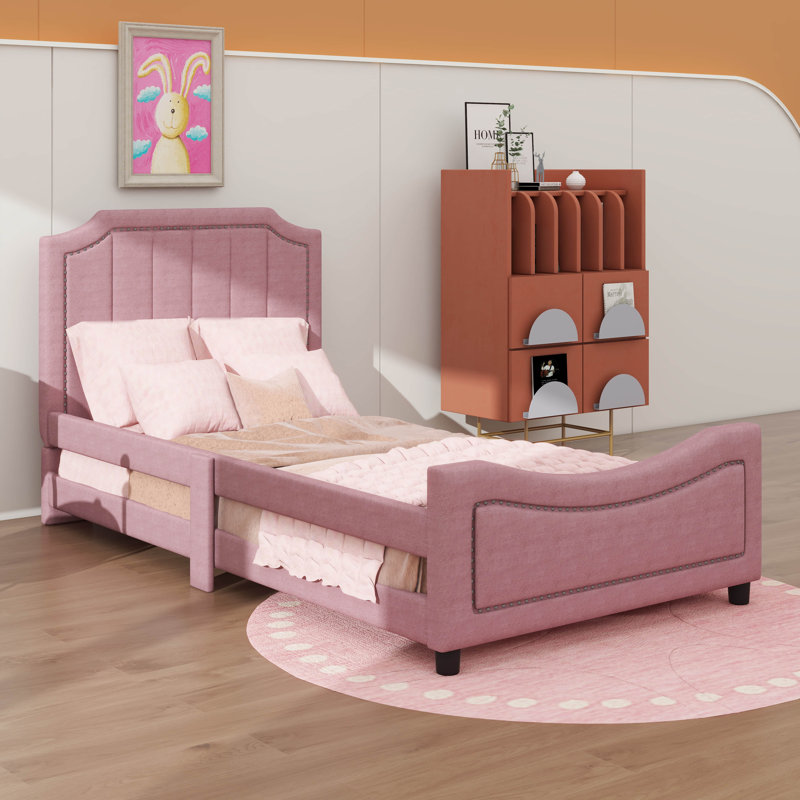 Lit de jour simple rembourré avec tête de lit rayée intemporelle, Rose