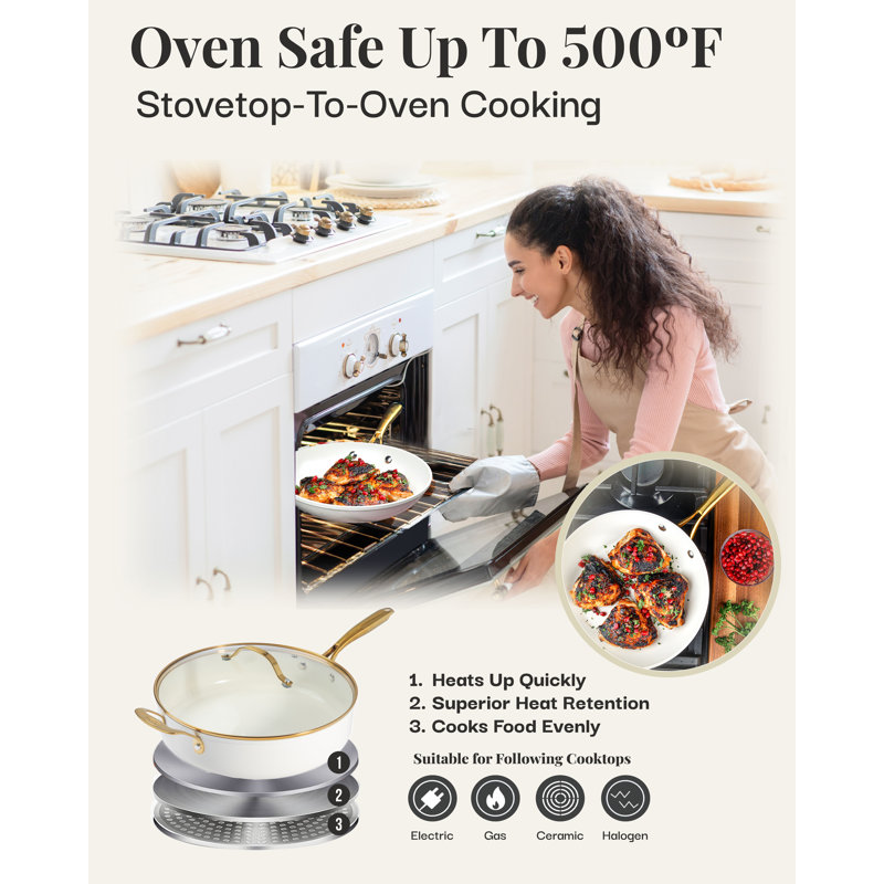 Cream and Gold 15-Piece Nonstick Ceramic Cookware Set