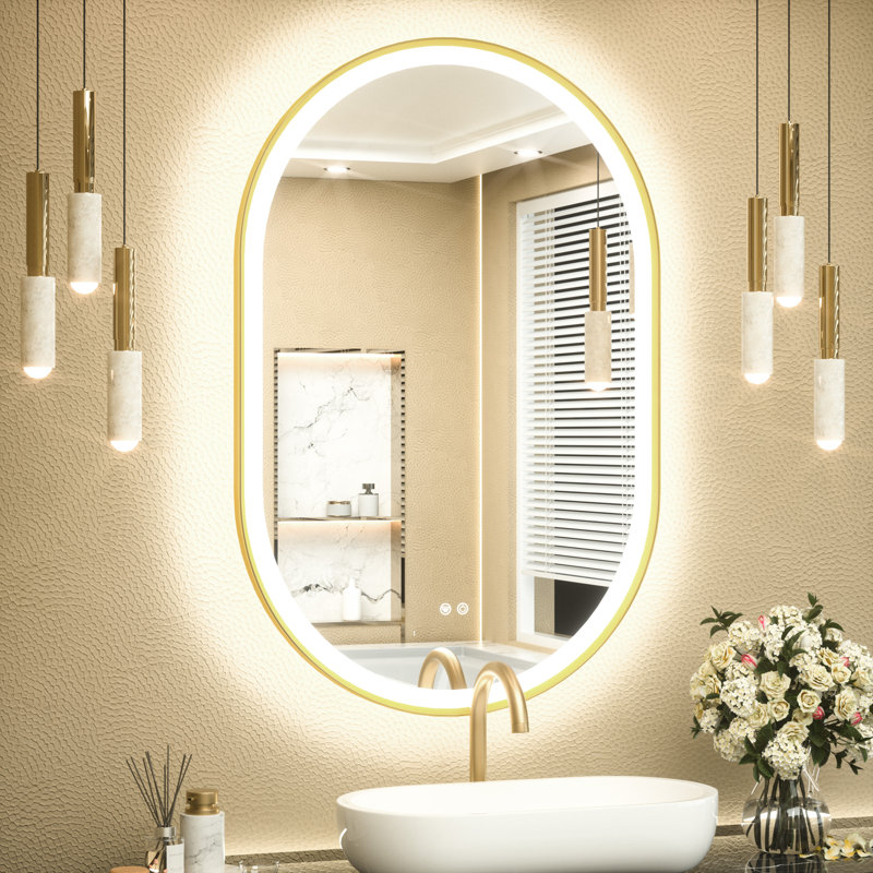 Bathroom Framed Dimmable Anti-Fog With 3 Colour Adjustment LED Mirror Front&Backlit Vanity Mirror, 36 po x 24 po, Doré