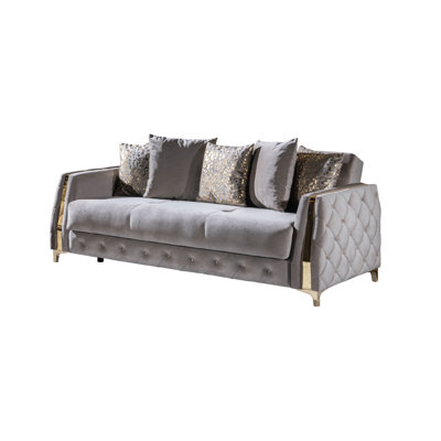 Canapé-lit à 3 places de style moderne Taupe avec structure en bois, revêtement en velours, mécanisme de lit caché et beaucoup de rangement rembourré dans la conception, le lit, pour l'organisation du salon