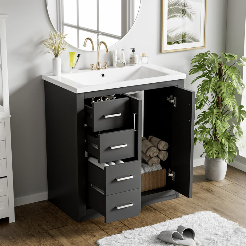 Meuble-lavabo 30 po avec lavabo, Noir, Argent argent
