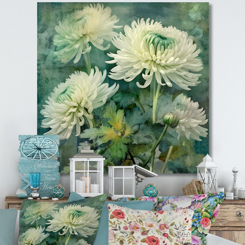 «White and Green Chrysanthemums Collage», art mural sur toile de chrysanthèmes, H 16 po x l 16 po, Toile tendue