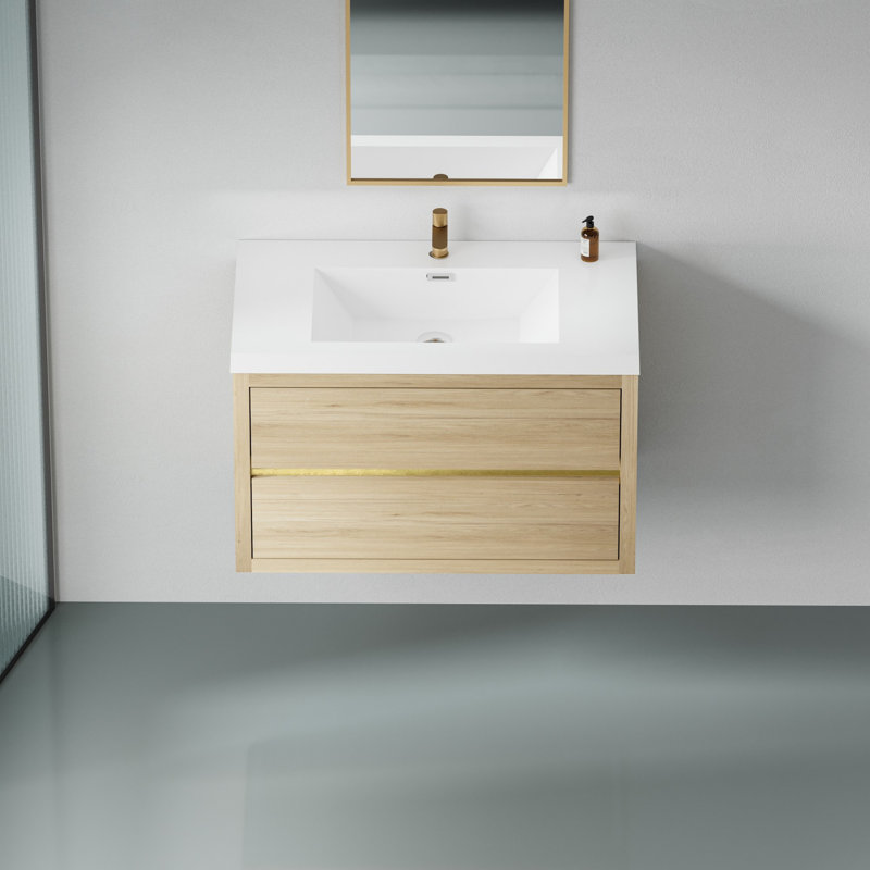 Floating Bathroom Storage Cabinet with Stone Resin Countertop, Oak Natural Wood