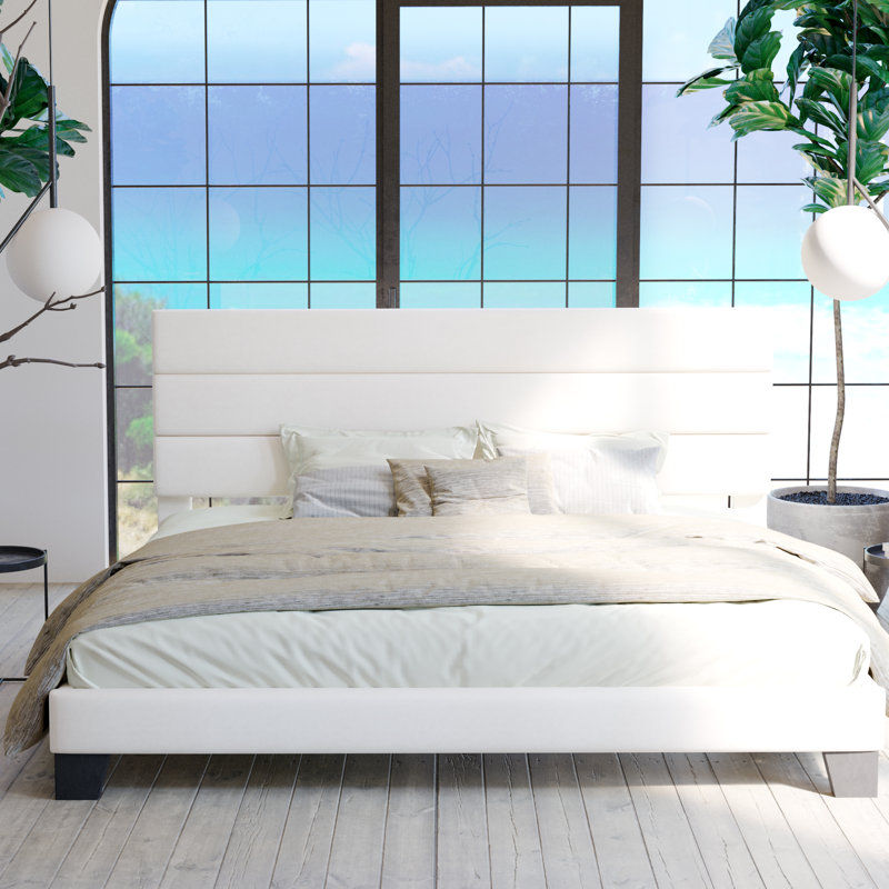 Lit plateforme Elison avec tête de lit tapissier en tissu et lattes en bois, Très grand, Blanc