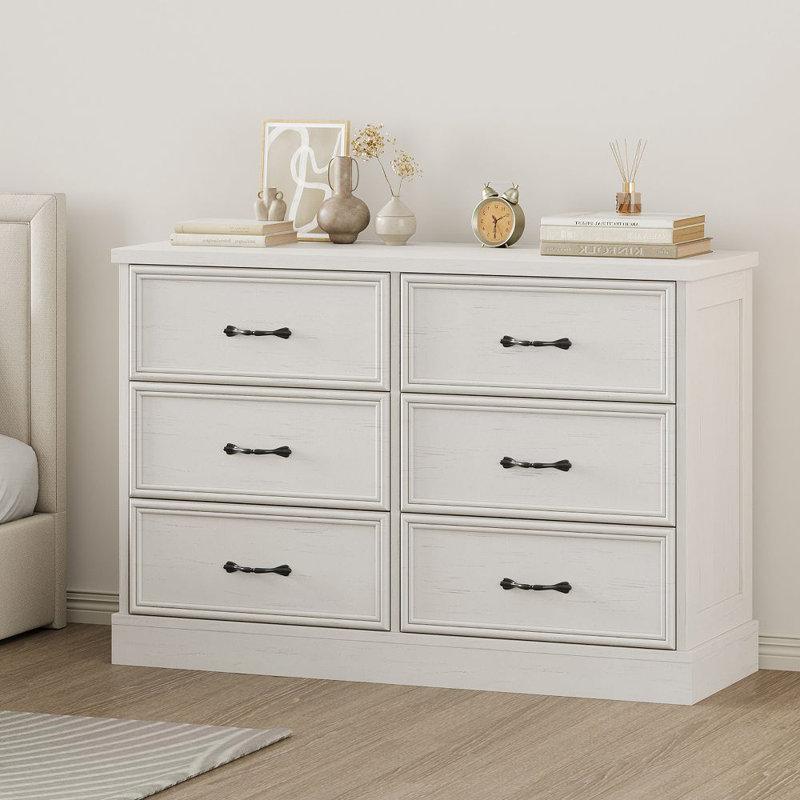 Commode à 6 tiroirs Farmhouse, commode à 6 tiroirs de 47 po de largeur avec base robuste, meuble télé en bois pour chambre d'enfant