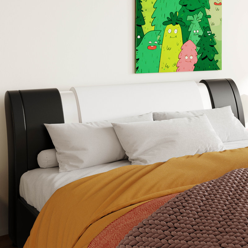 Hejran Artificial Leather Upholstered Platform Bed, No Box Spring Needed, White/Black, King