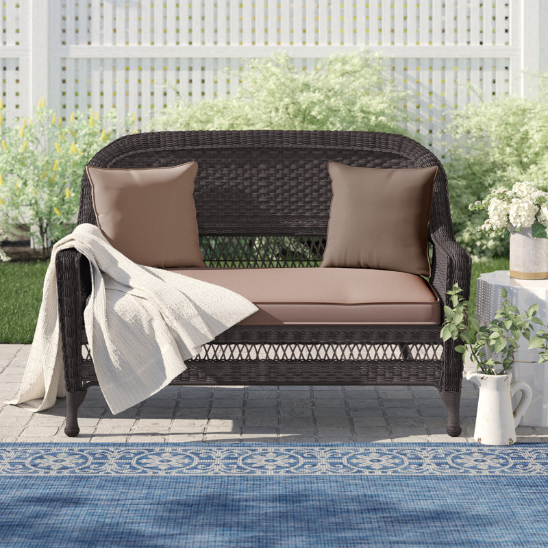 Armbruster 52'' Wide Straight Wicker Loveseat with Cushions, Espresso, Brown