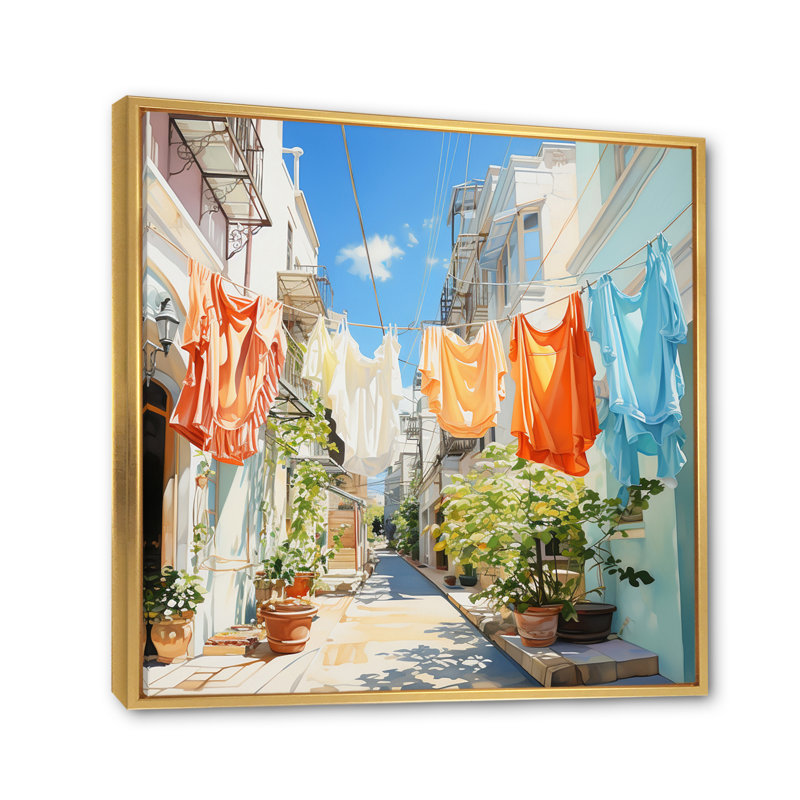 Blanchisserie en Italie V - Art mural, H 36 po x l 36 po x P 1,5 po, Cadre flottant doré