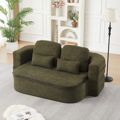 2-in-1 Convertible Foldable Chenille Sleeper Sofa with Functional Blanket
