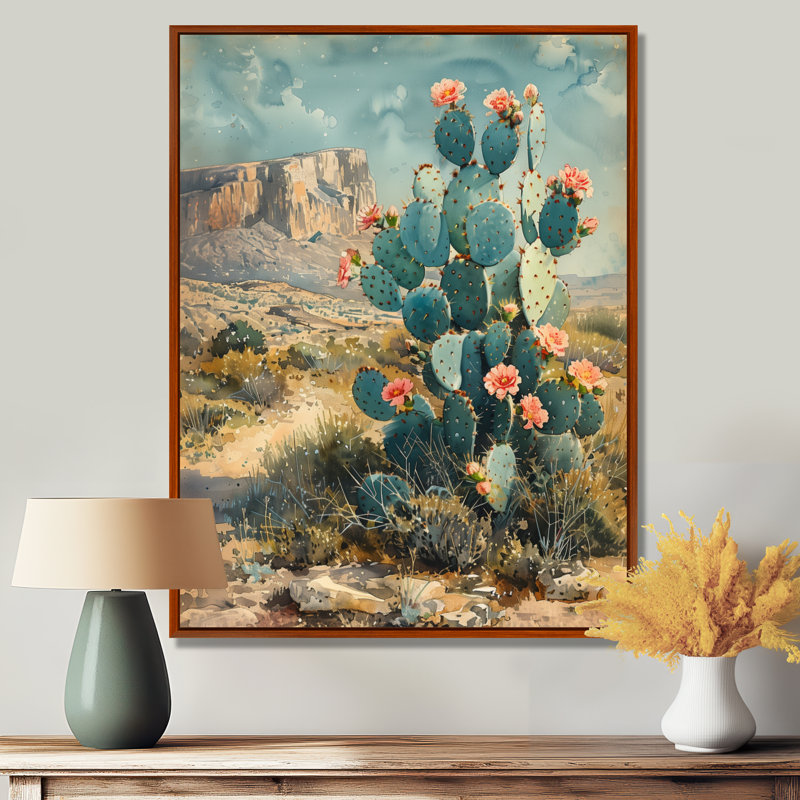 Vert, jaune, gardian du désert, cactus II - art mural floral cactus, Toile avec cadre flottant brun