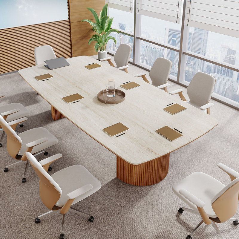 Conference Table With Unique Travertine Slab Top And Semi-Circular Stripe Base