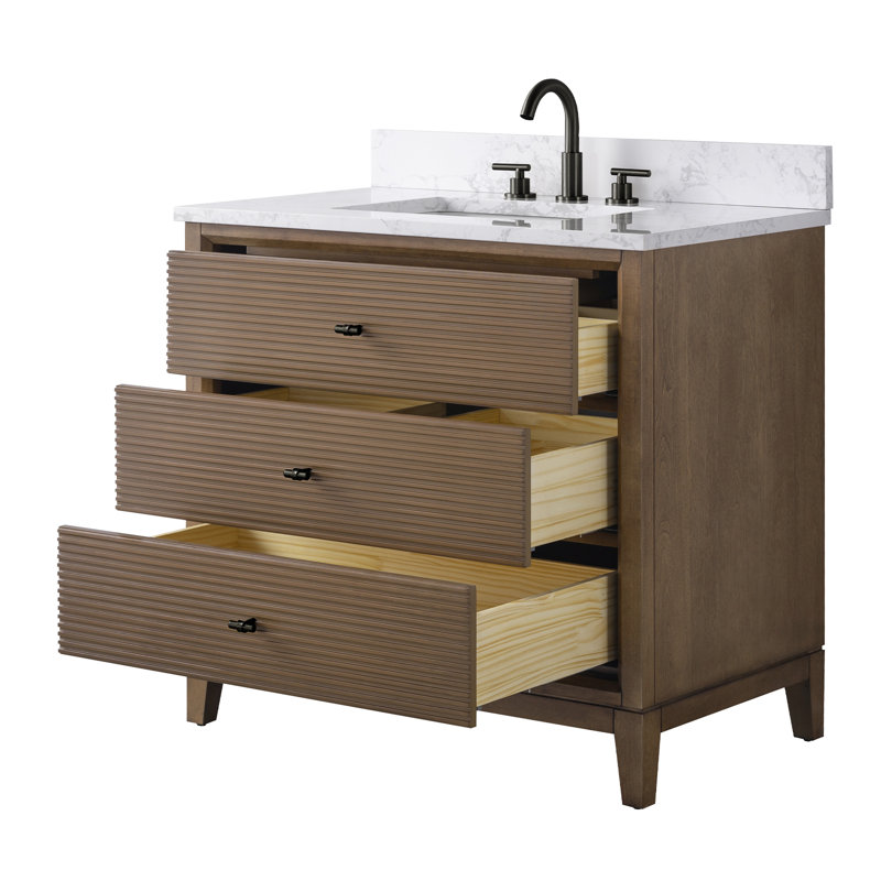 Meuble-lavabo simple 36 po avec plateau en marbre, Noyer, Noir mat, Arabescato White 