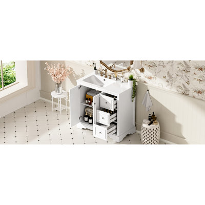 Meuble-lavabo de style transitionnel de 36 pouces avec portes à fermeture en douceur, tiroir divisé et lavabo en céramique pour une utilisation durable de 36 po avec cadre en bois massif, lavabo et rangement intelligent