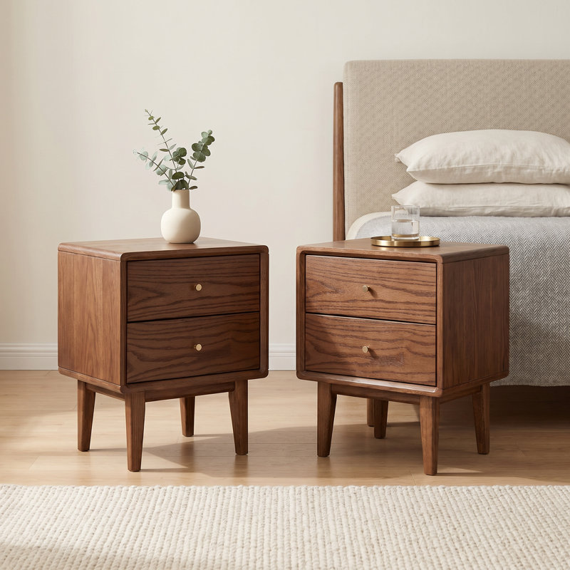 Set of 2 MCM Solid Oak Low & Narrow Nightstands with 2 Drawers, Brown Oak