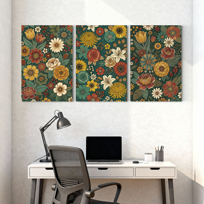 Plantes et fleurs, motif floral avec couleurs vives et feuilles, ensemble de 3 impressions sur toile, H 18 po x l 36 po
