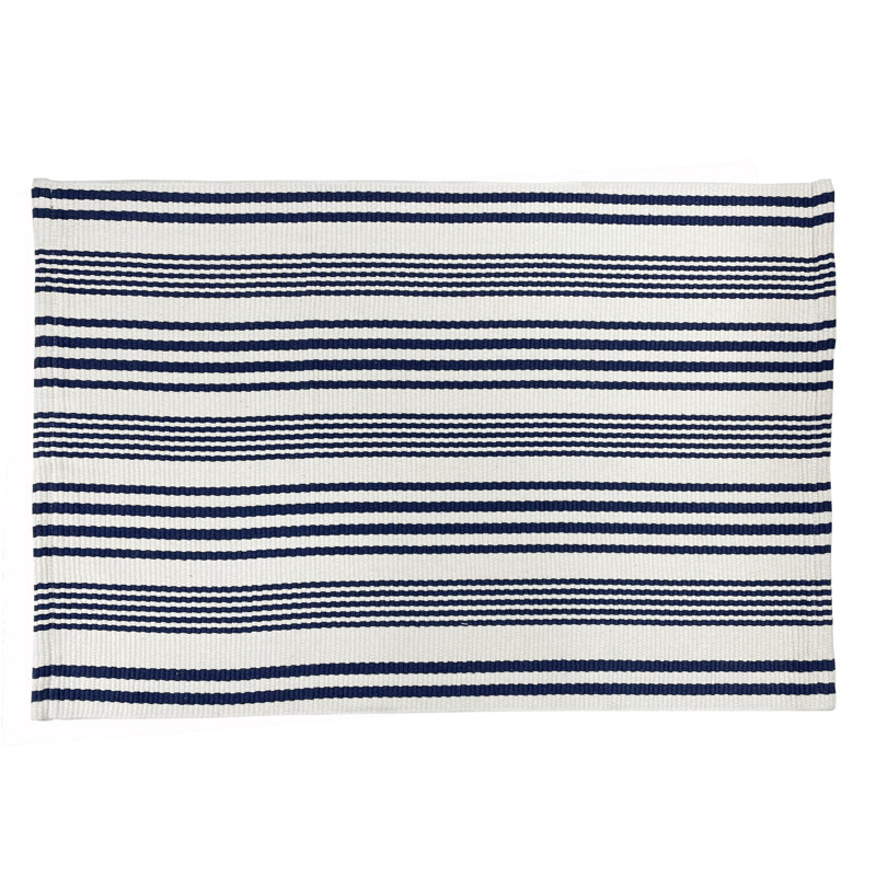 Tapis rayé tissé en mélange de coton bleu marine, Rectangulaire 2 pi x 3 pi