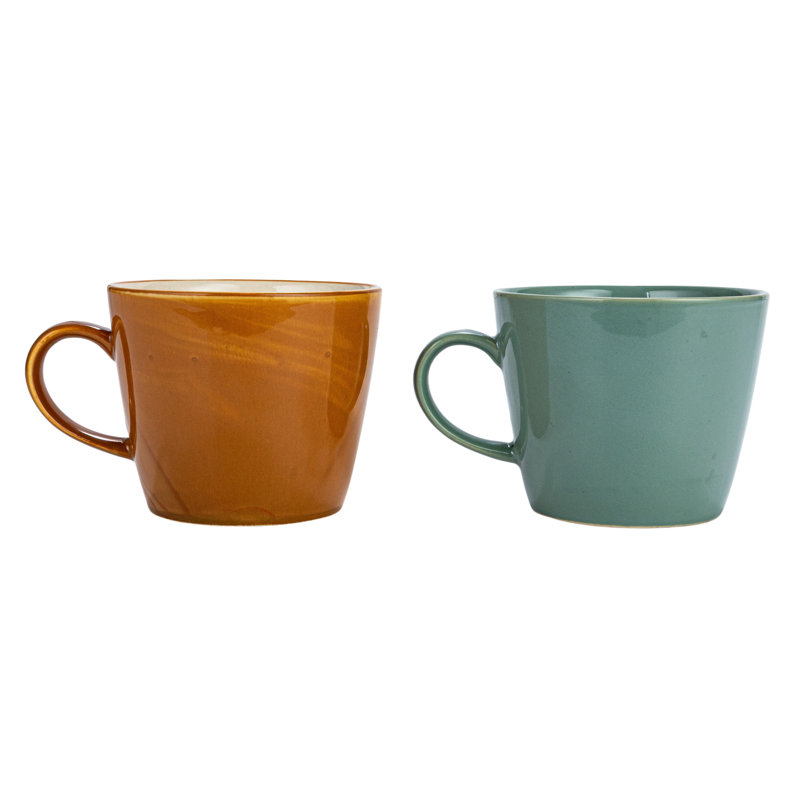 Hand-Painted Botanical Ceramic Mugs in Orange and Green, Set of 2