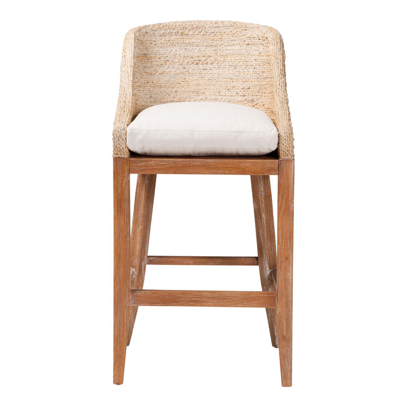 Tabouret de bar Bali & Pari Jasper Seagrass avec structure en bois d'acajou, Blanc délavé